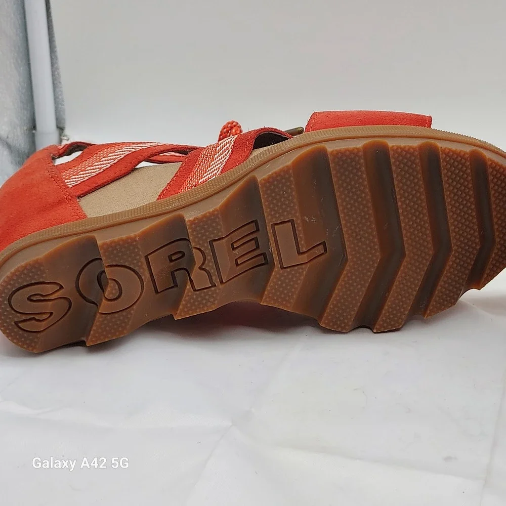 Sorel Joanie II Lace Wedge Sandals‎ Red Orange Suede NL3288-864 Womens 8.5